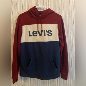 Levis Hoodie Mens Small Maroon Blue White Pullover Spell Out Sweatshirt